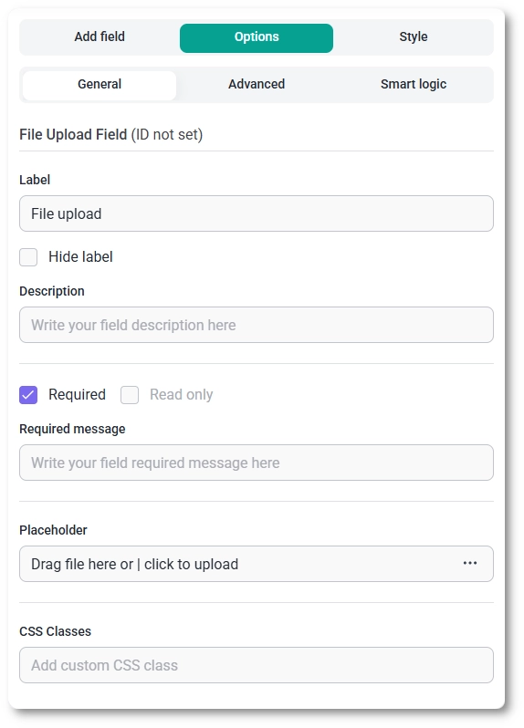 General settings tab for the File upload field in IvyForms