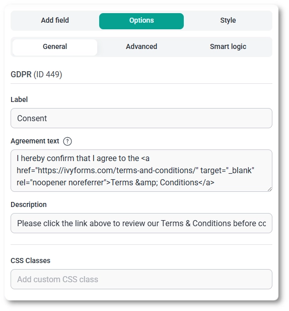 General options tab for the GDPR field in IvyForms