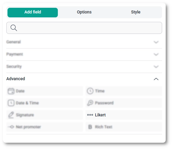 Advanced fields section in the IvyForms builder showing the Likert field
