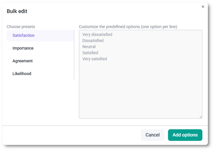 Bulk edit panel for Likert columns showing scale presets like Satisfaction and Likelihood