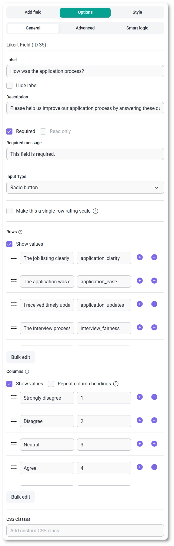 General settings tab for the Likert field in IvyForms