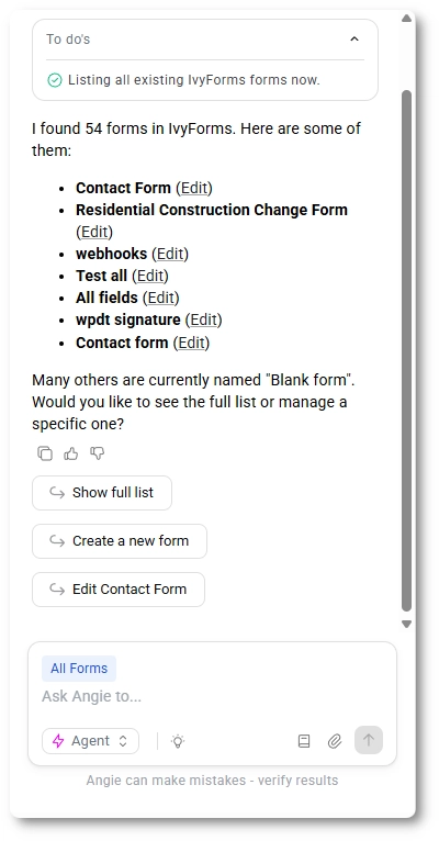 Angie assistant showing available IvyForms in the WordPress admin