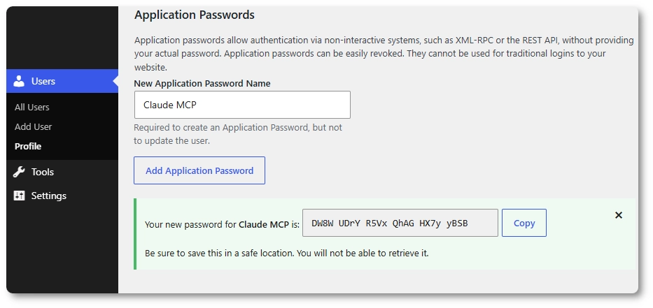 Application Passwords section in a WordPress user profile