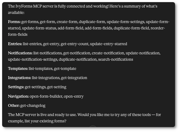 MCP client showing connected IvyForms server and its tools