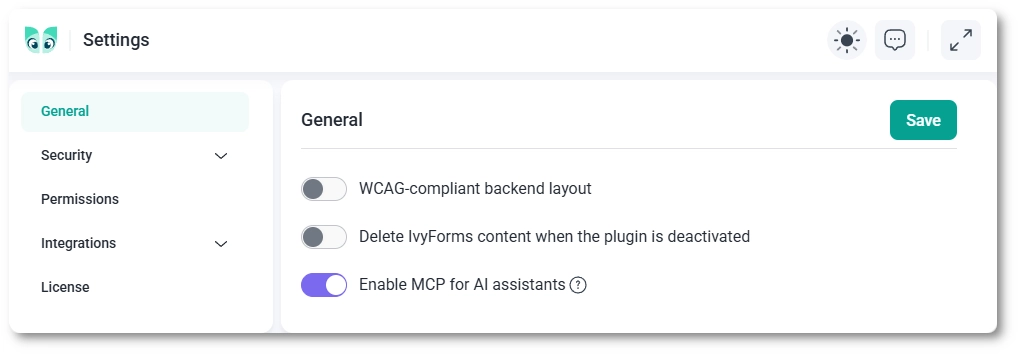 MCP integration toggle in IvyForms general settings