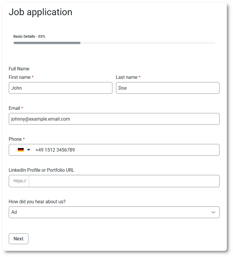 Front-end view of a multi-page form in IvyForms with a progress indicator