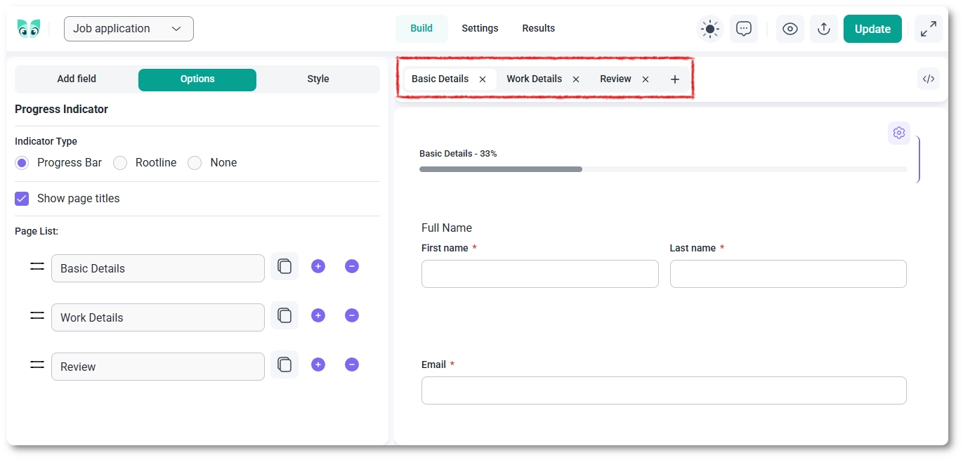 Page tabs and add-page button at the top of the IvyForms builder