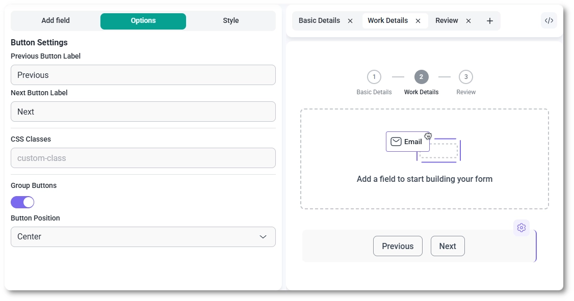 Navigation button settings and the gear icon in the IvyForms builder
