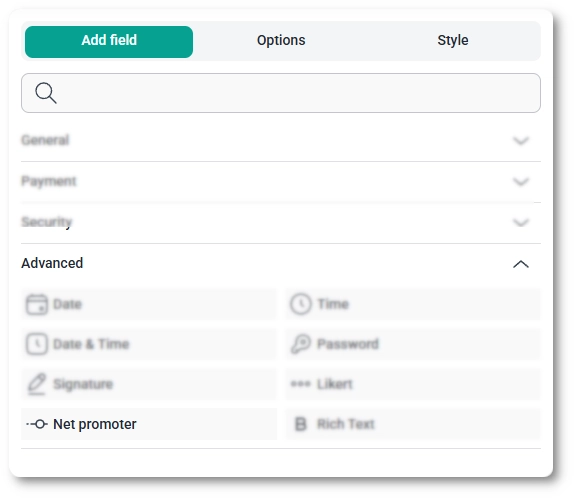 Advanced fields section in the IvyForms builder showing the Net promoter field