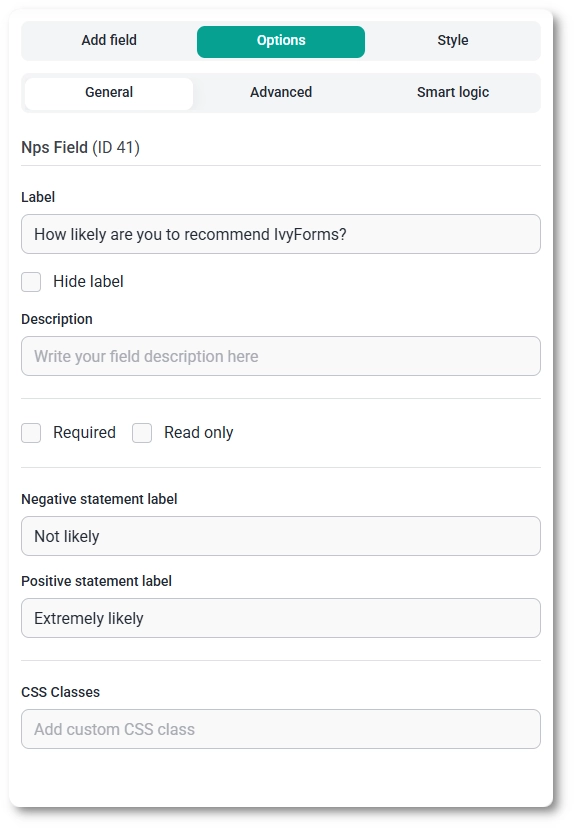 General settings tab for the NPS field in IvyForms