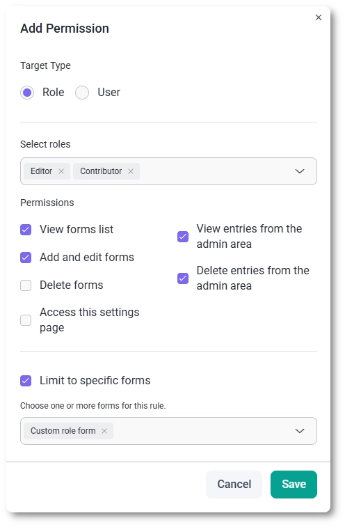 The Add Permission dialog in IvyForms with role selection and permission options