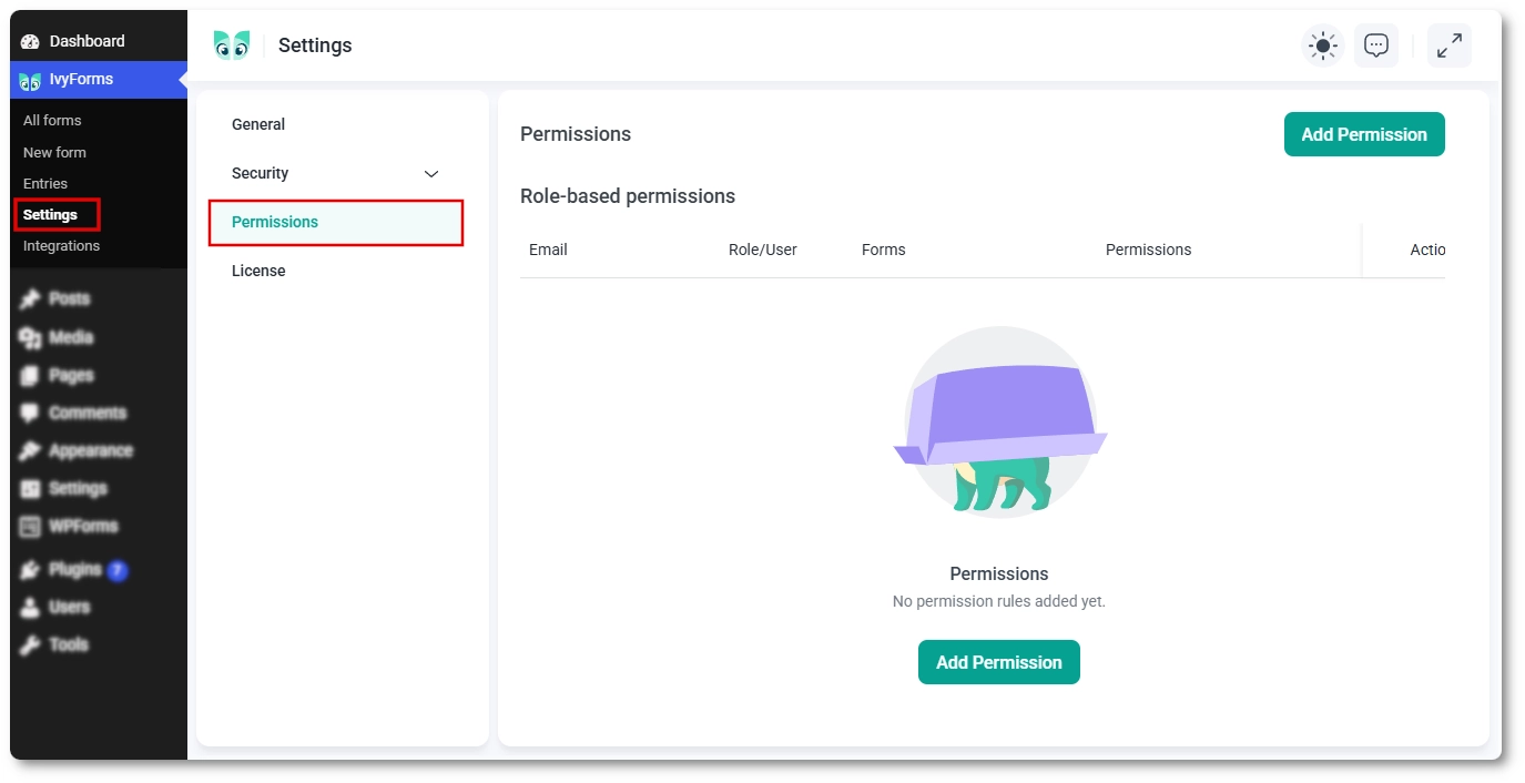 The IvyForms Permissions settings page showing the role-based permissions table