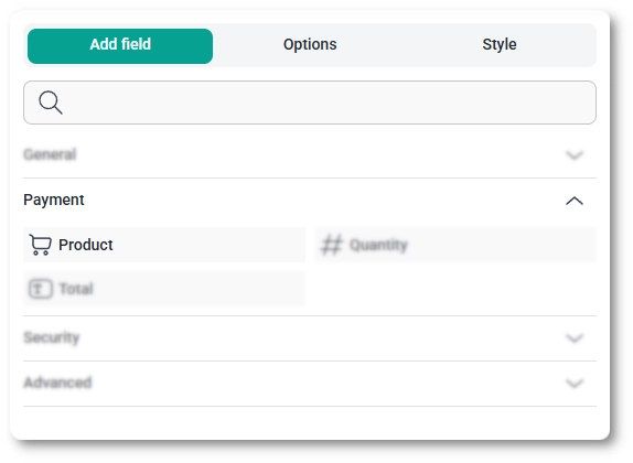 Payment fields section in the IvyForms builder showing the Product field
