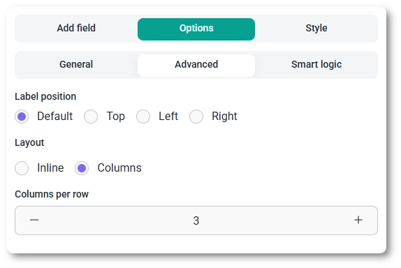 Advanced settings tab for the Product field showing Layout and columns options