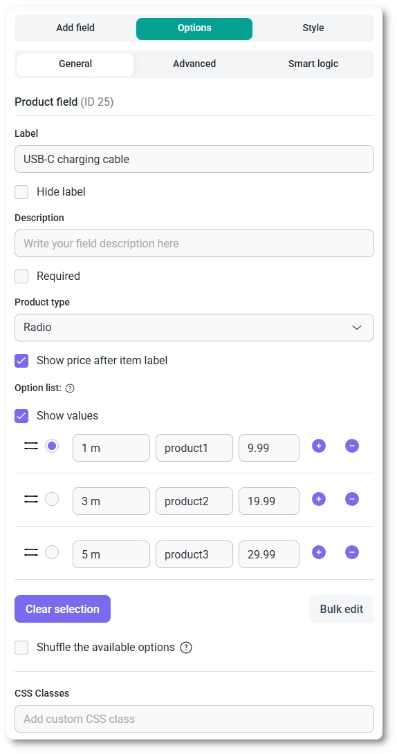 General settings tab for the Product field in IvyForms set to Radio
