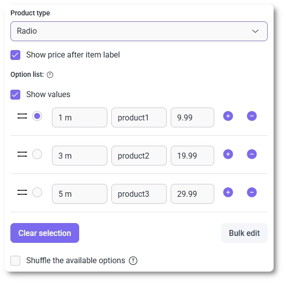 Product option list in IvyForms with Clear selection, Bulk edit, and Shuffle options