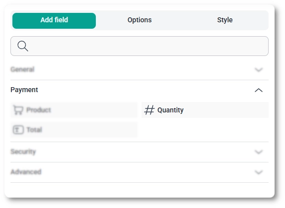 Payment fields section in the IvyForms builder showing the Quantity field