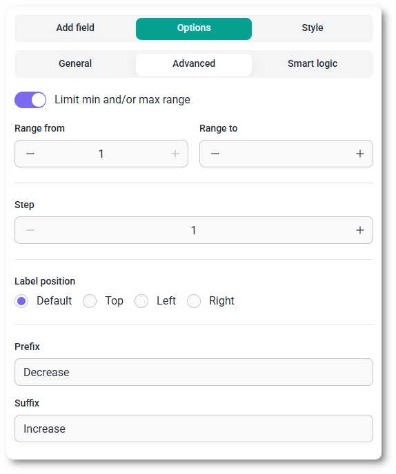 Advanced settings tab for the Quantity field showing range, step, prefix, and suffix