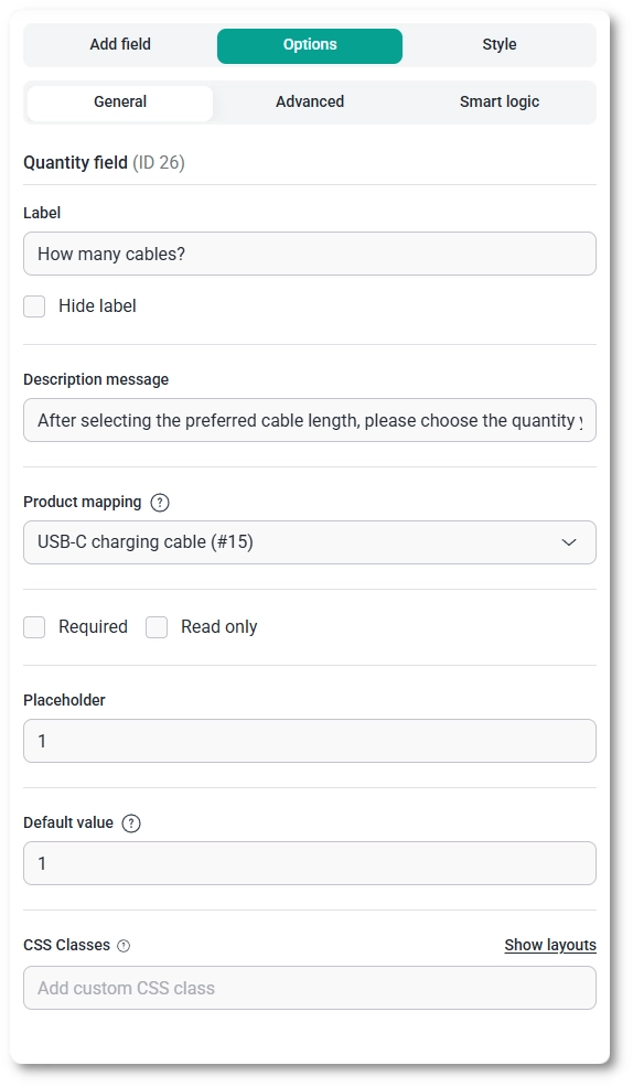 General settings tab for the Quantity field in IvyForms