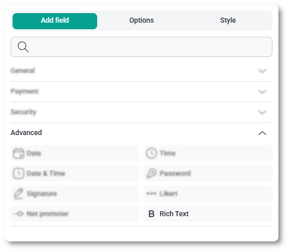 Advanced fields section in the IvyForms builder showing the Rich Text field