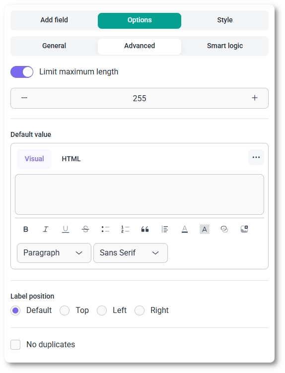 Advanced settings tab for the Rich Text field showing max length and default value options