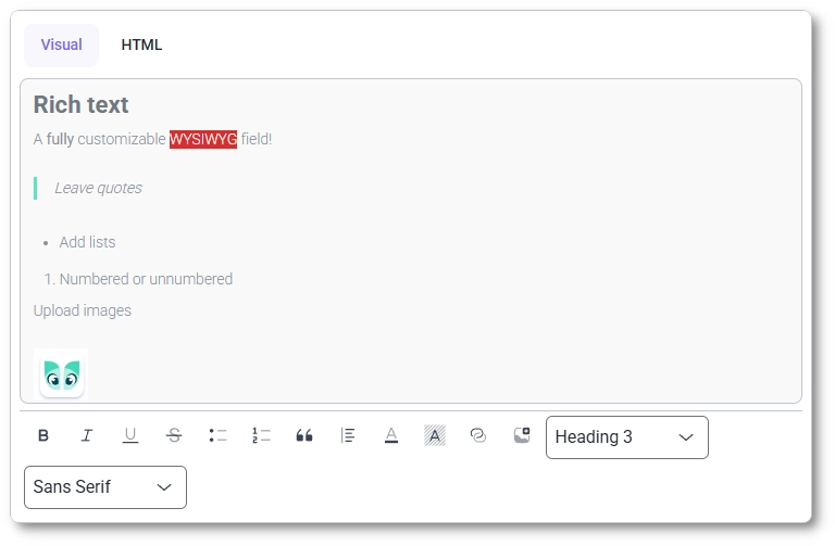 Rich Text field editor in IvyForms with Visual and HTML tabs and a formatting toolbar