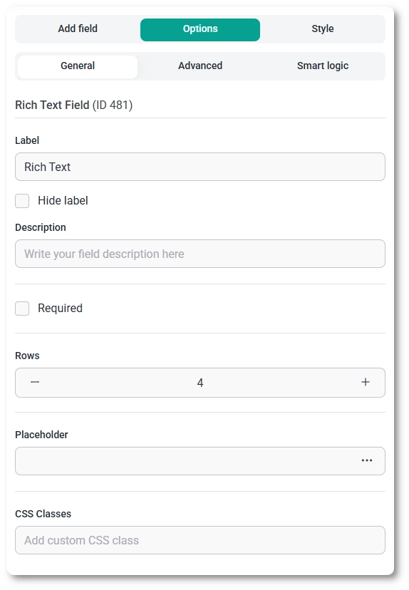 General settings tab for the Rich Text field in IvyForms