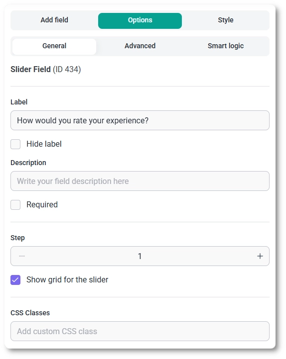 General options tab for the Slider field in IvyForms