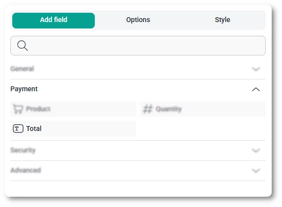 Payment fields section in the IvyForms builder showing the Total field