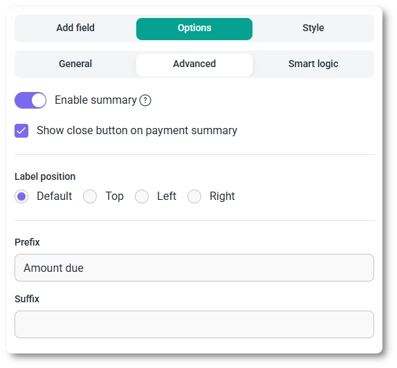 Advanced settings tab for the Total field showing summary and prefix options