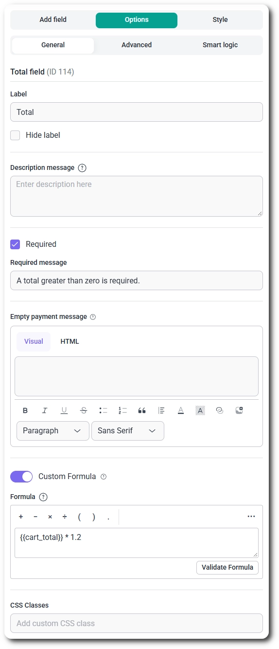 General settings tab for the Total field in IvyForms with Custom Formula enabled