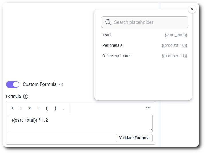Placeholder menu for inserting fields into a Total field formula in IvyForms
