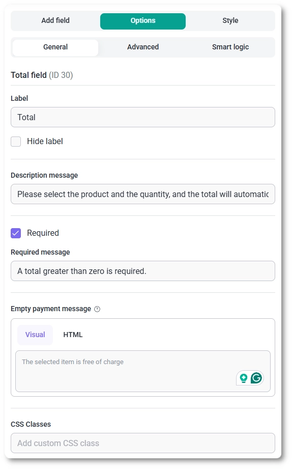 General settings tab for the Total field in IvyForms