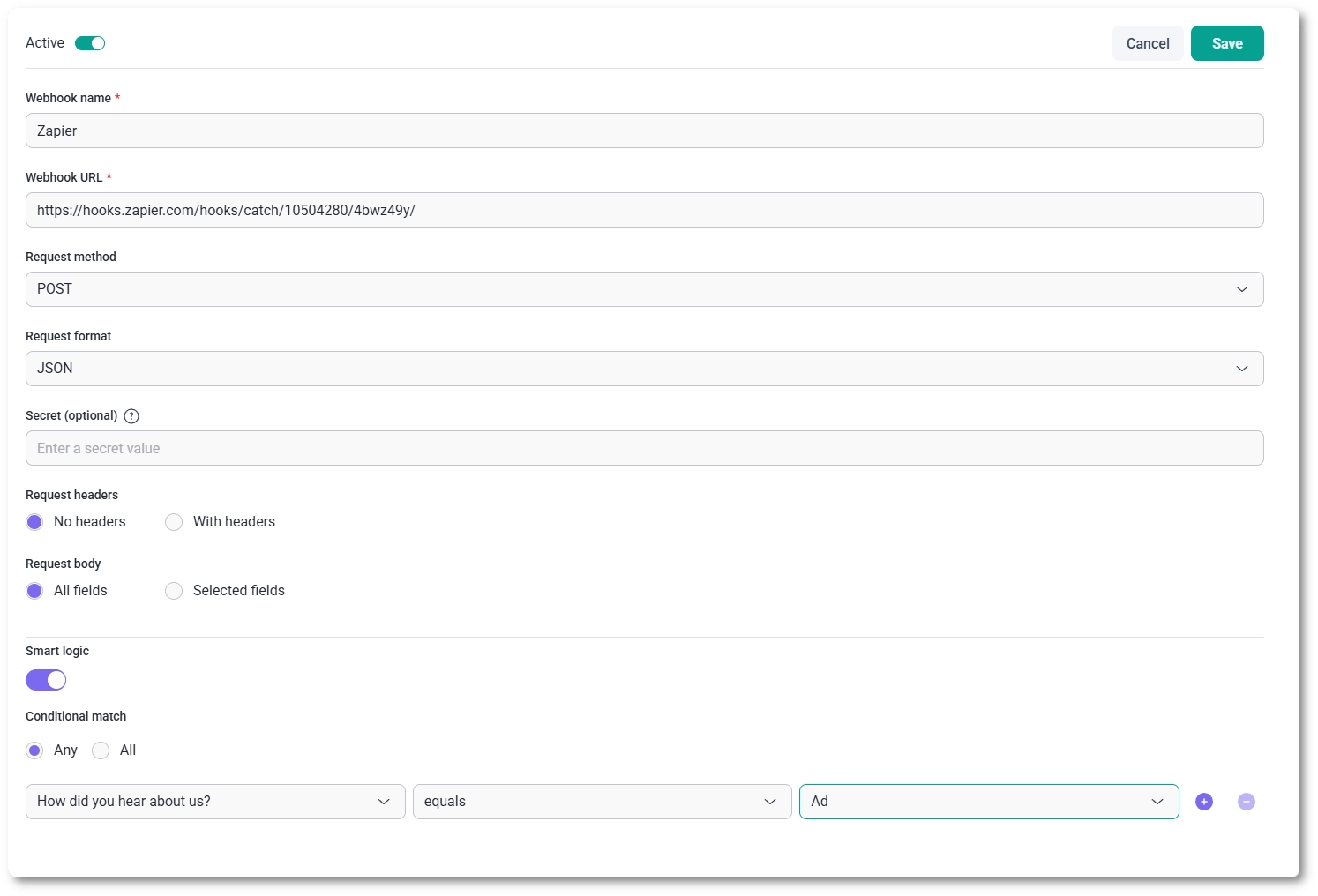 Webhook editor in IvyForms configured with a Zapier URL