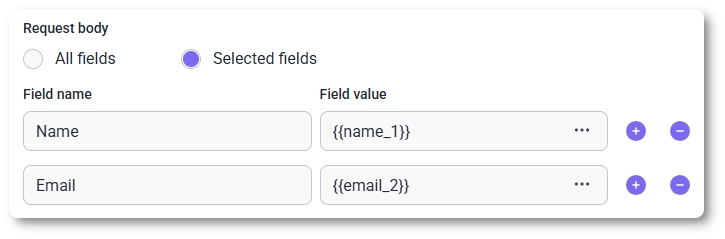 Webhook request body with Selected fields, Field name, and Field value in IvyForms