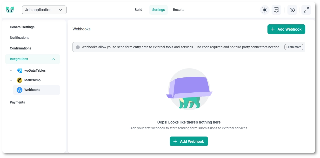 Empty Webhooks panel with the Add Webhook button in IvyForms