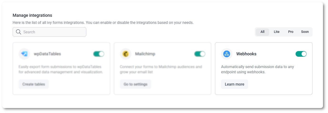 IvyForms Integrations page showing the Webhooks integration enabled