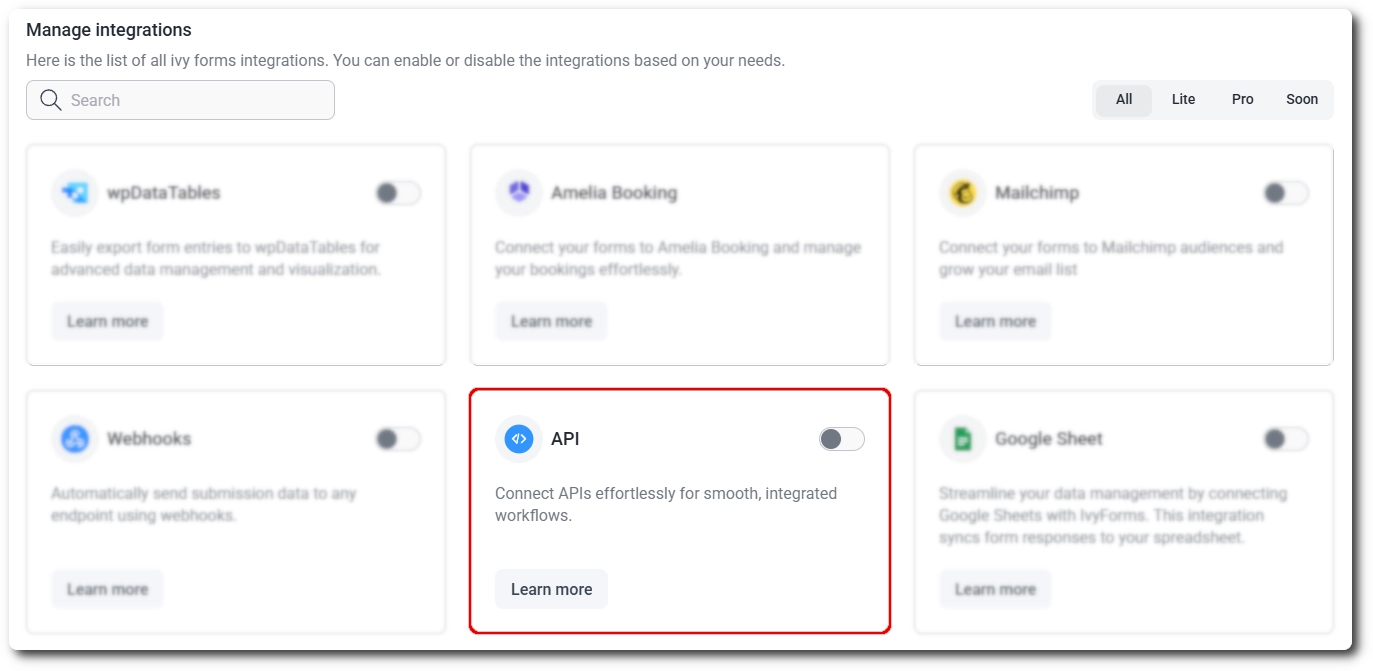 API integration toggle on the IvyForms integrations page