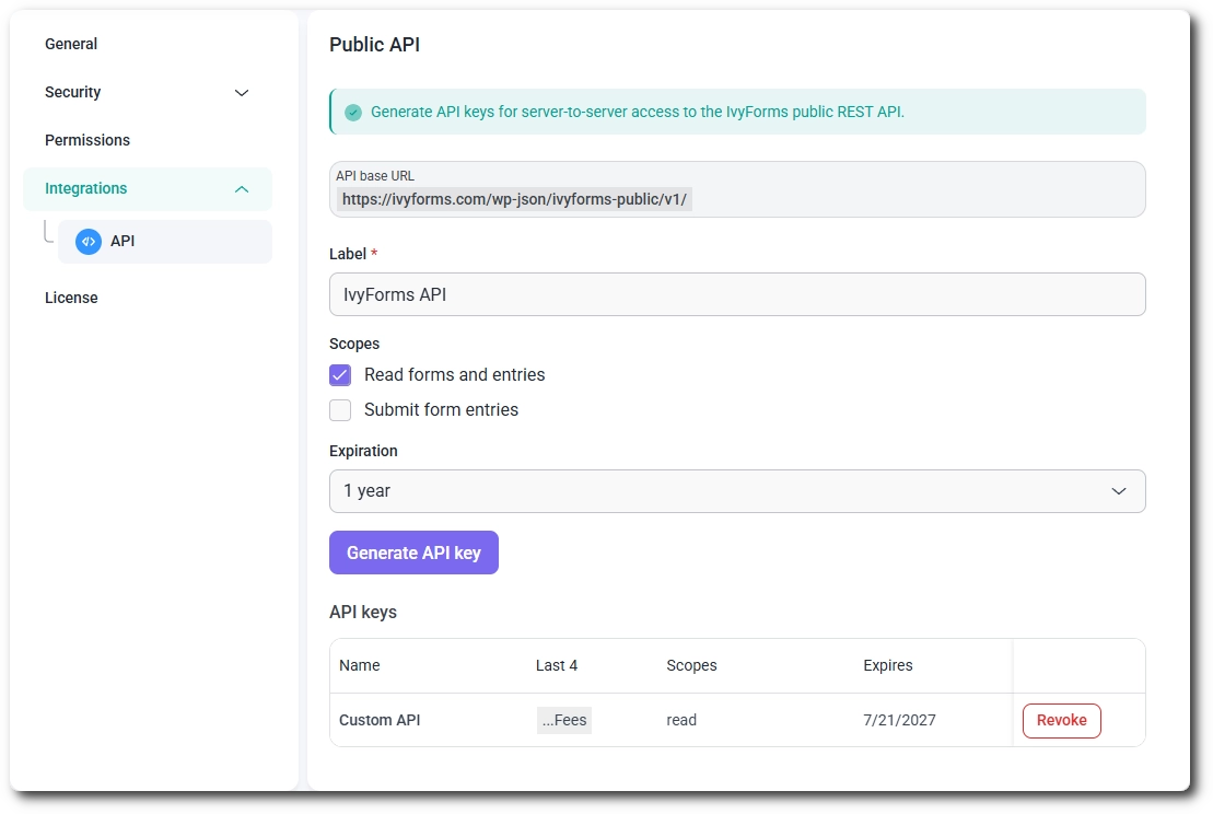 List of generated IvyForms API keys with revoke option