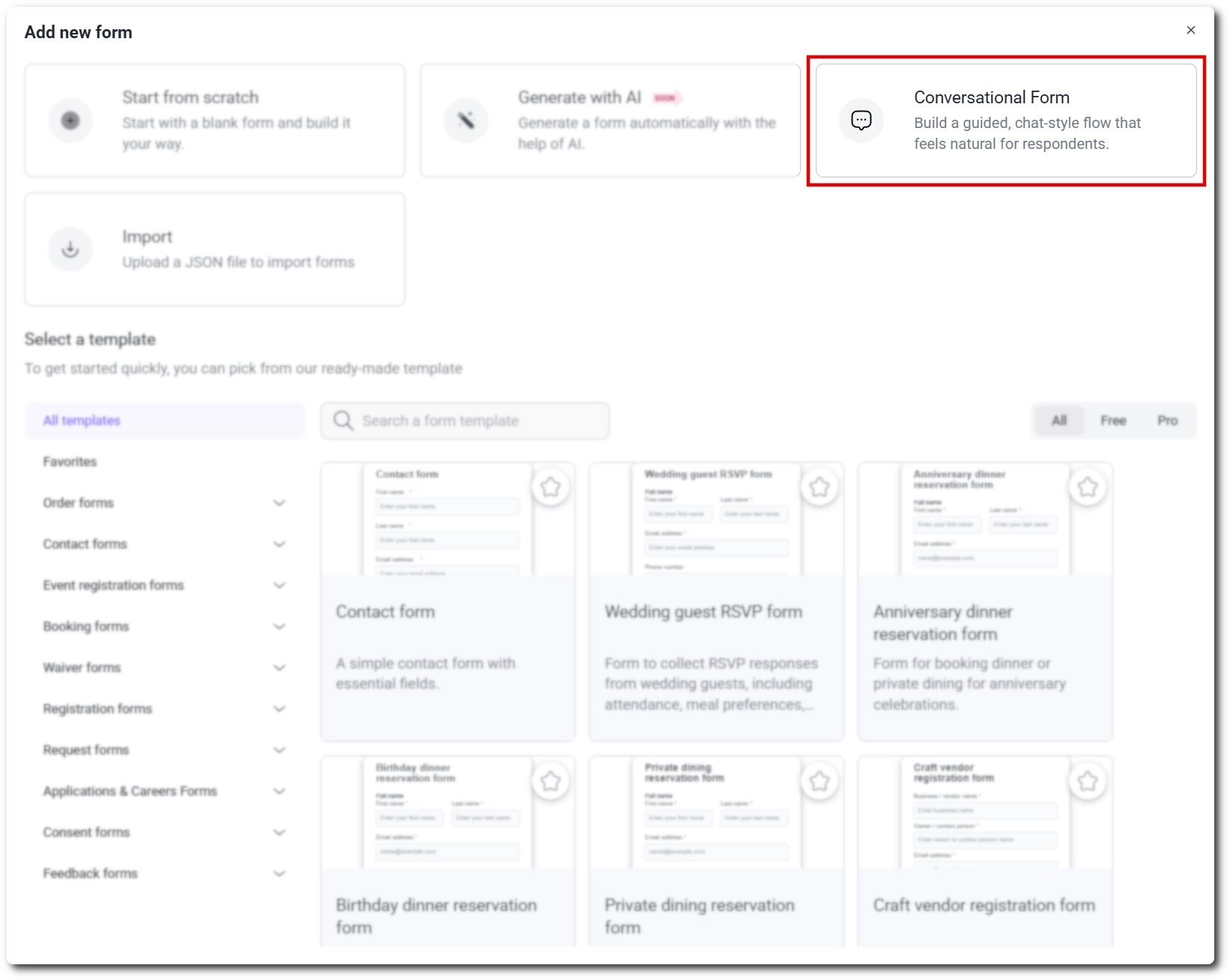 Conversational Form option in the IvyForms add new form screen