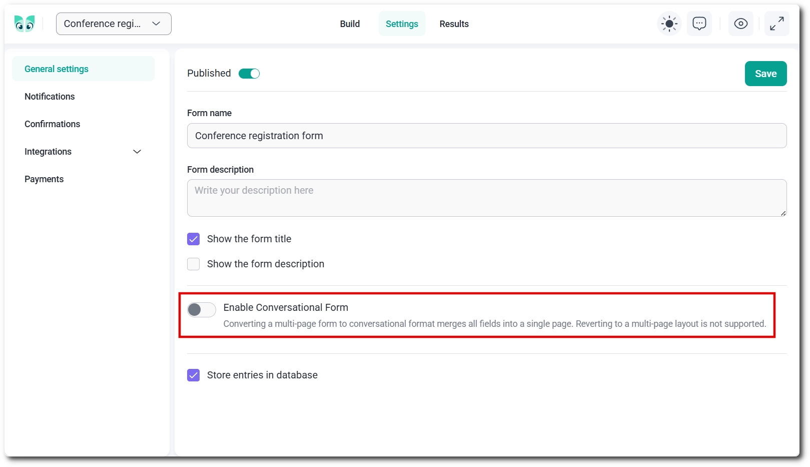 Enable Conversational Form toggle in IvyForms form settings