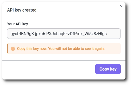 The popup showing the new API key generated by IvyForms with the Copy key button and the notice that it will no longer be visible once the popup is closed