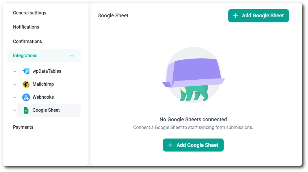 Empty Google Sheet integration panel on an IvyForms form with the Add Google Sheet button