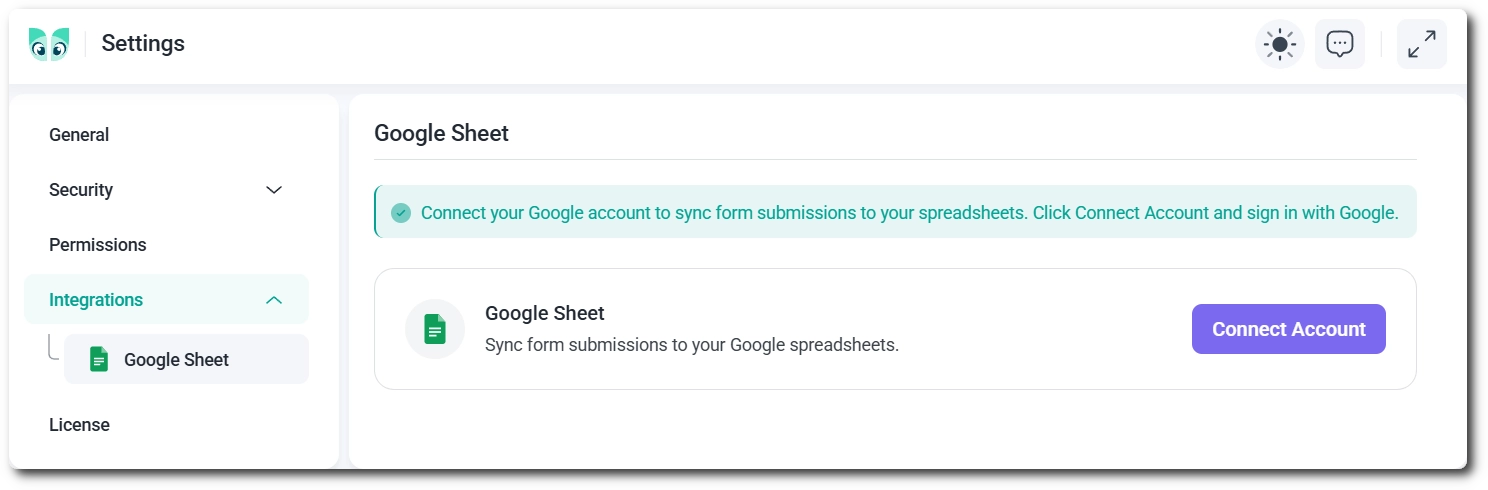 Connect account button on the Google Sheet integration settings screen