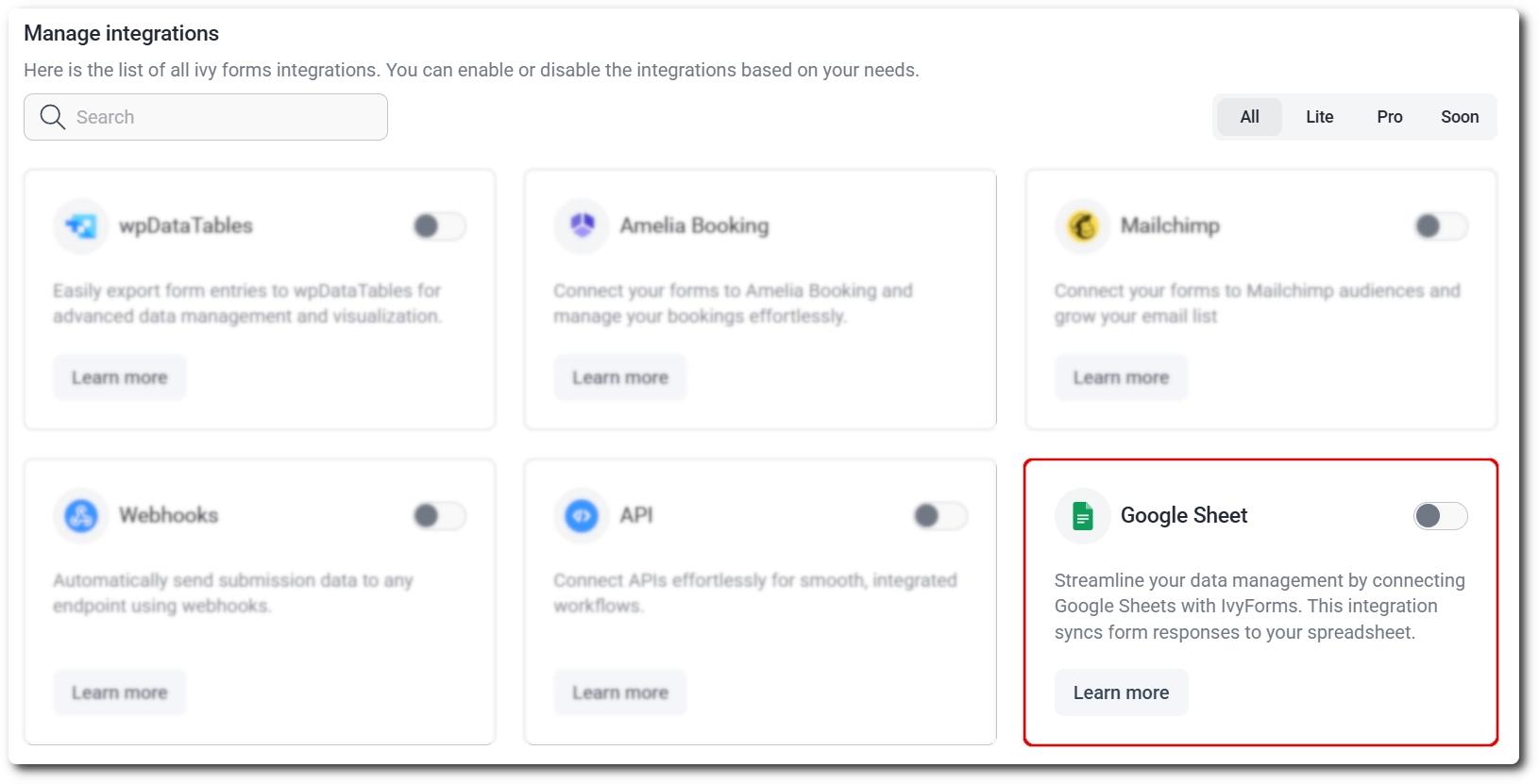 Google Sheets integration toggle in the IvyForms integrations list