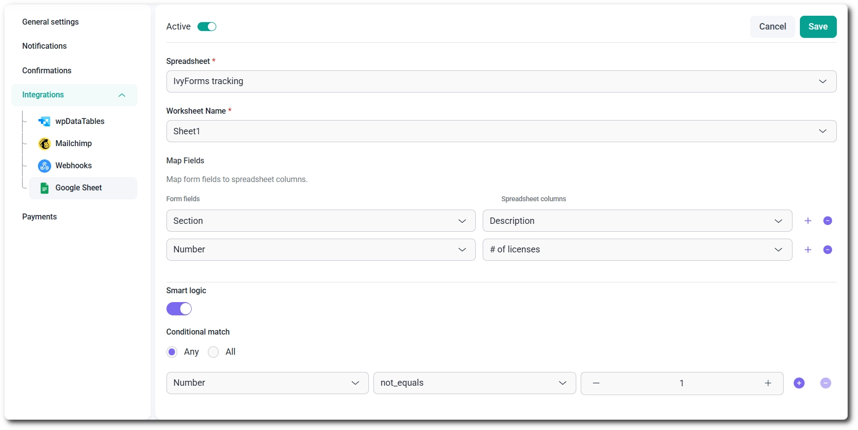 Spreadsheet, worksheet, and field mapping settings for the Google Sheet integration