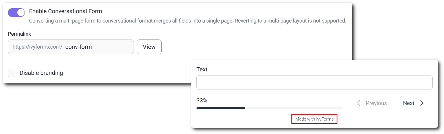 Permalink and "Made with IvyForms" branding link on a conversational form's front end