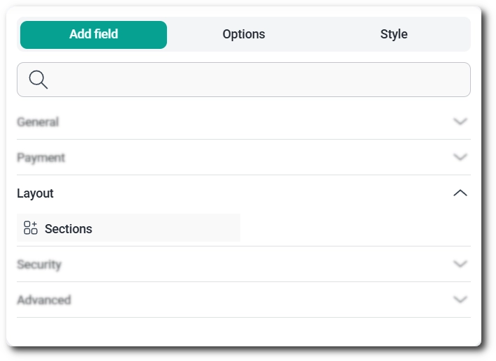 Sections field listed under the Layout category in the IvyForms Add field panel