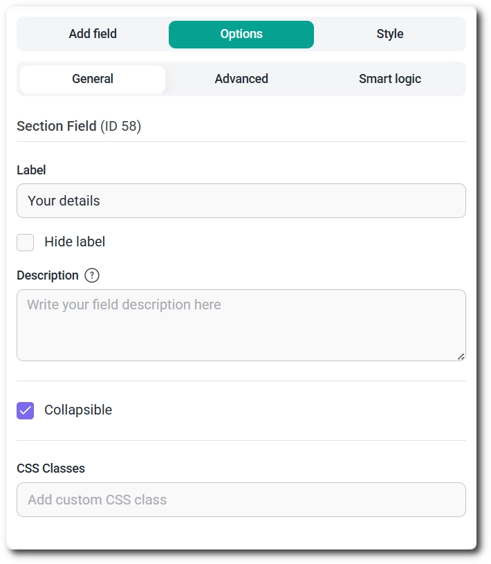 General settings tab for the Sections field showing label and collapsible options