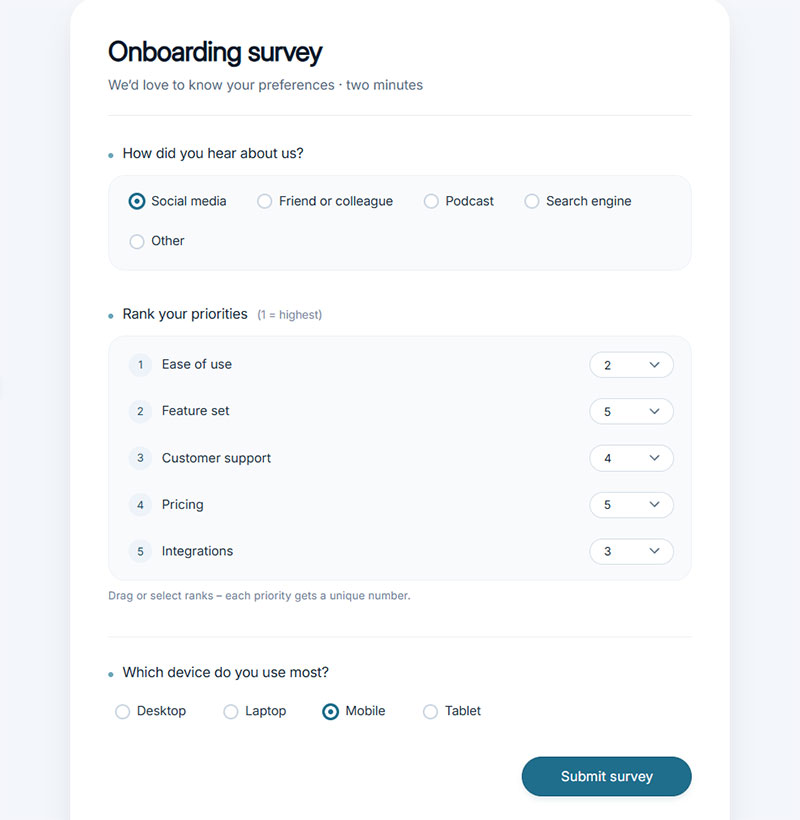 survey Multiple Choice and Ranking Questions